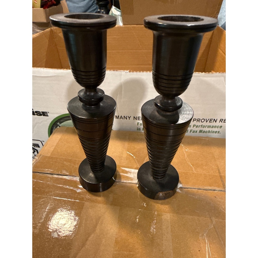 Vintage turned Wood Ribbed Candlestick Set Dark Brown Black wood tribal Modern